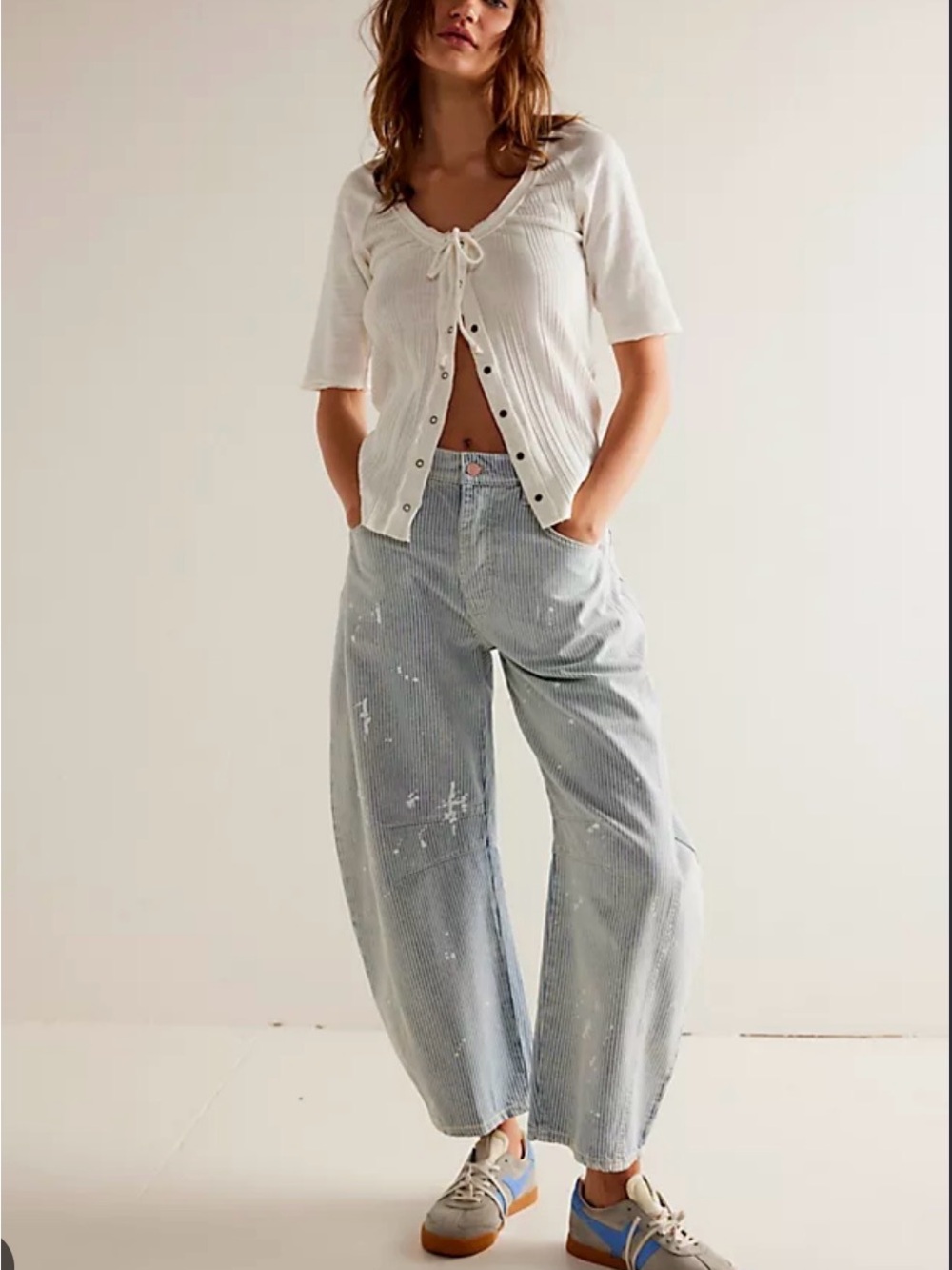 Free People Good Luck Mid Rise Stripe Barrel Jean